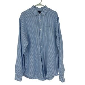 Toscano Men's XL Blue White Striped Linen Blend Long‎ Sleeve Button Up Shirt